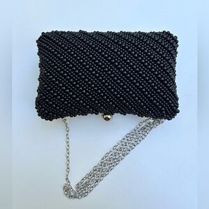 Elegant Black Beaded Clutch, Silver Chain & Hardware, Evening Bag
